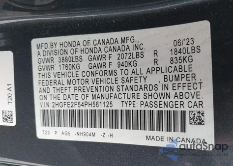 2023 Honda Civic Sport z USA, uszkodzony, nr VIN 2HGFE2F54PH561125